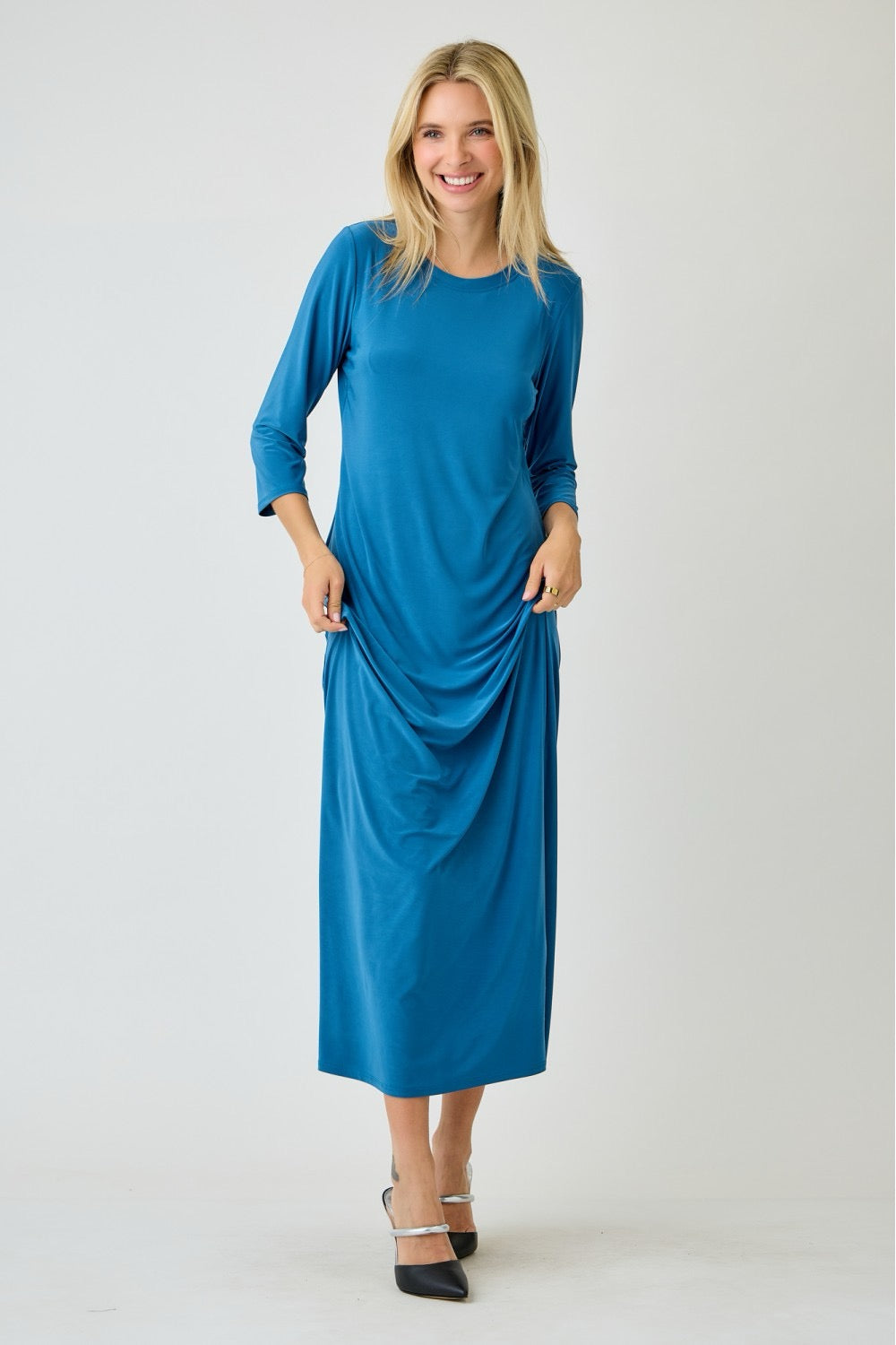 Celeste Clothing ladies long sleeve layering maxi dress in peacock blue, flowing fabric with elegant style and vibrant color.