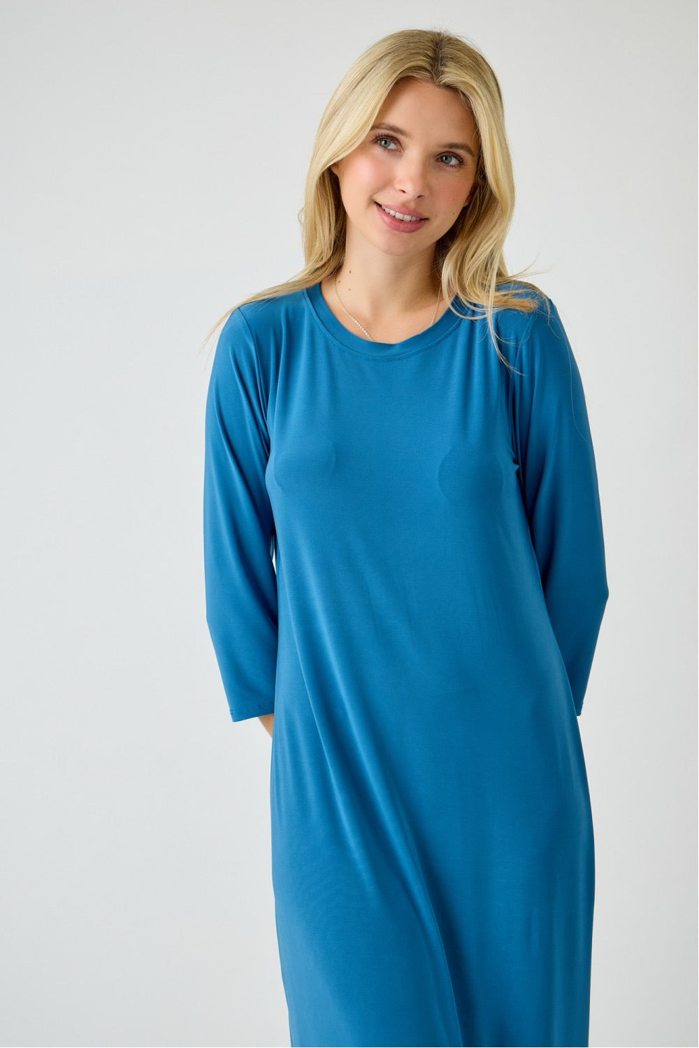 Celeste Clothing ladies long sleeve layering maxi dress in peacock blue, featuring a flowing silhouette and elegant design.
