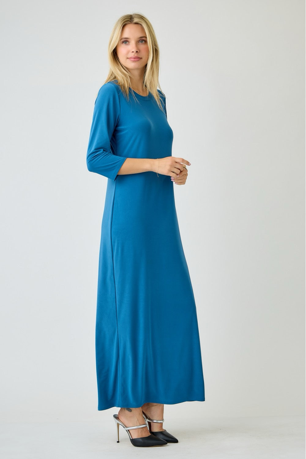Ladies long sleeve plus layering maxi dress by Celeste Clothing in vibrant peacock blue, featuring flowing fabric and elegant design.
