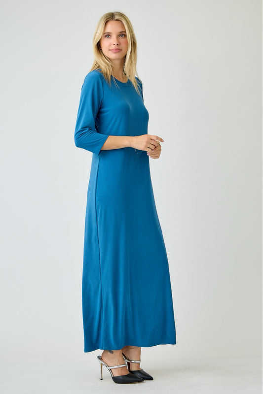 Ladies long sleeve plus layering maxi dress by Celeste Clothing in vibrant peacock blue, featuring flowing fabric and elegant design.