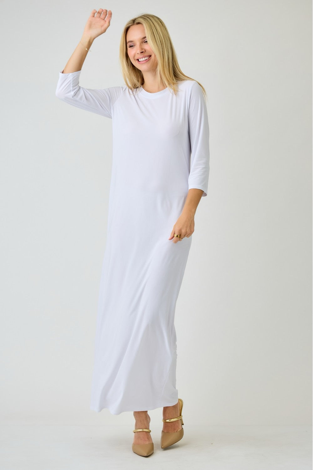 White ladies long sleeve layering maxi dress by Celeste Clothing, flowing fabric and stylish design for elegant everyday wear.