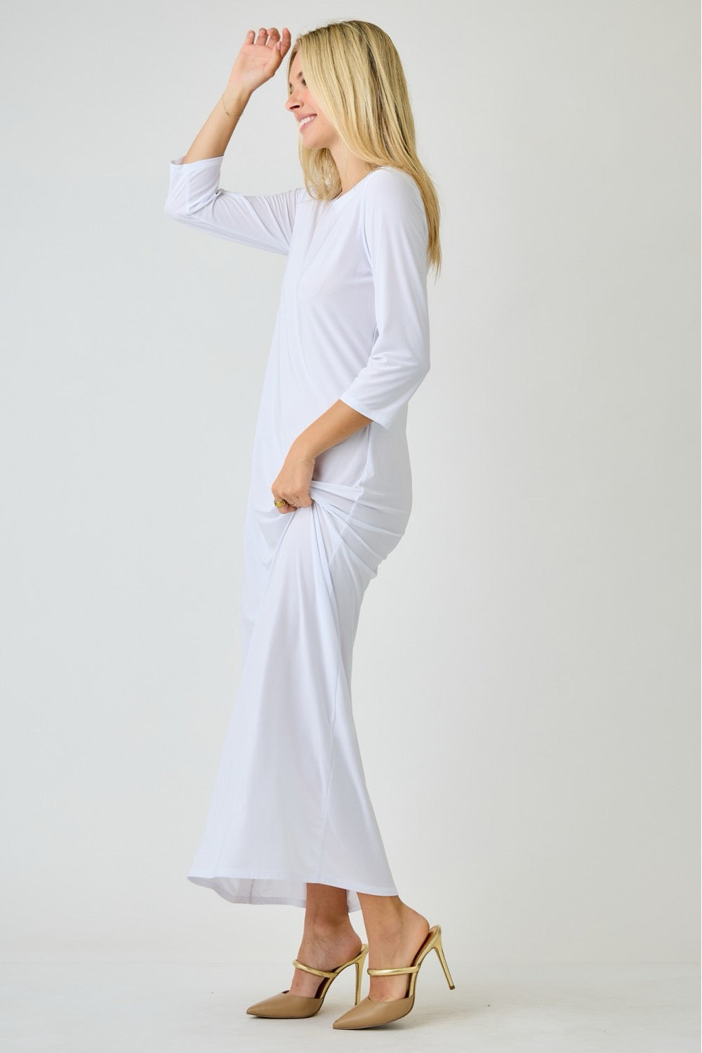 White ladies long sleeve layering maxi dress by Celeste Clothing, flowing and elegant with a comfortable fit.
