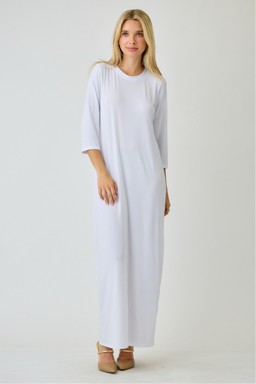White ladies long sleeve layering maxi dress by Celeste Clothing, featuring a flowing design and comfortable fit.