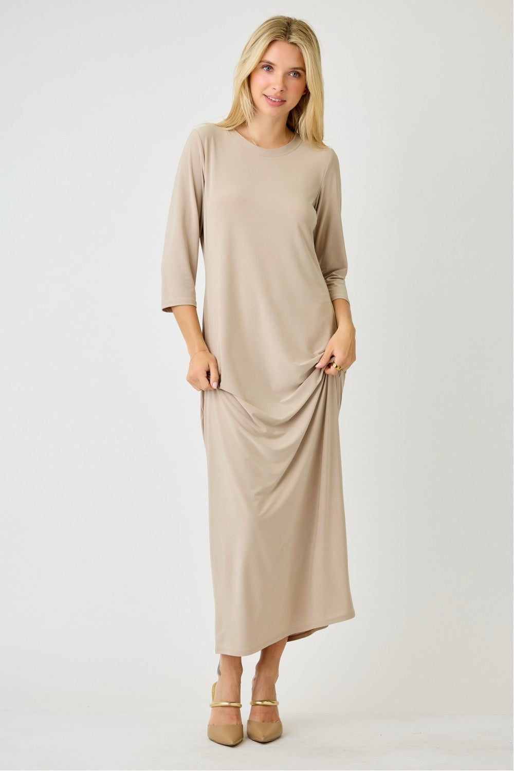 Ladies Celeste Clothing 3/4 sleeve layering maxi dress in stone, flowing fabric and elegant design for casual or dressy occasions.