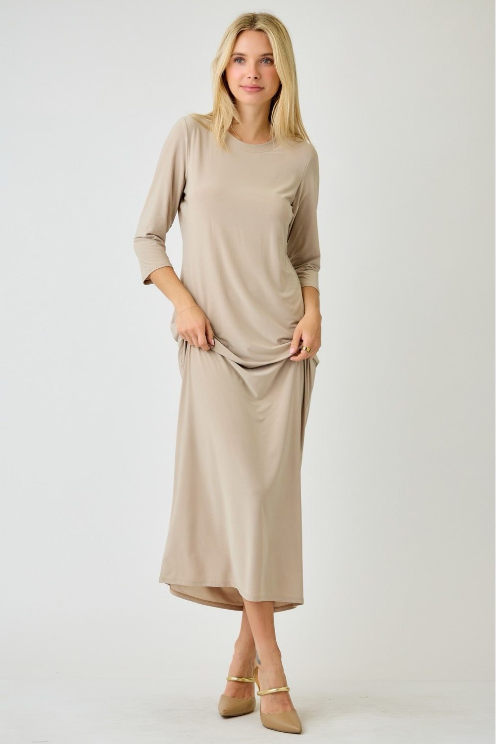 Ladies Celeste Clothing 3/4 sleeve layering maxi dress in stone, flowing fabric with a relaxed fit and elegant design.
