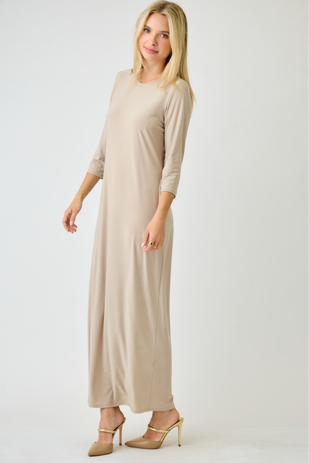 Ladies Celeste Clothing 3/4 sleeve layering maxi dress in stone, flowing fabric, and elegant design for casual or dressy occasions.