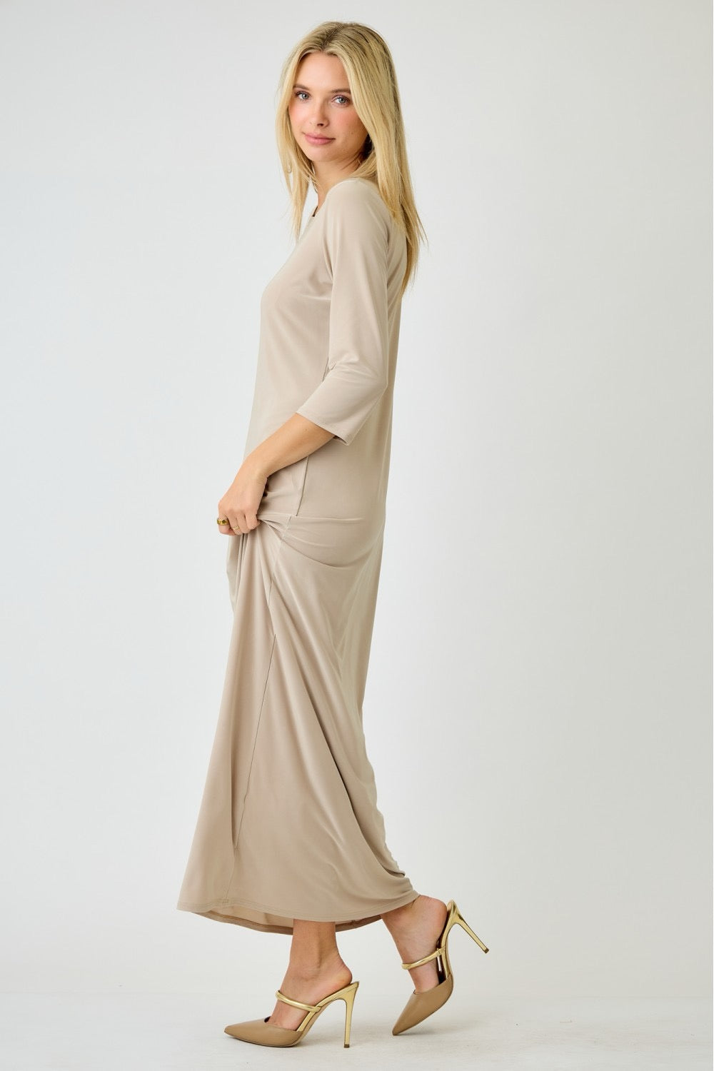 Ladies Celeste Clothing 3/4 sleeve layering maxi dress in stone, featuring flowy fabric and a relaxed fit.