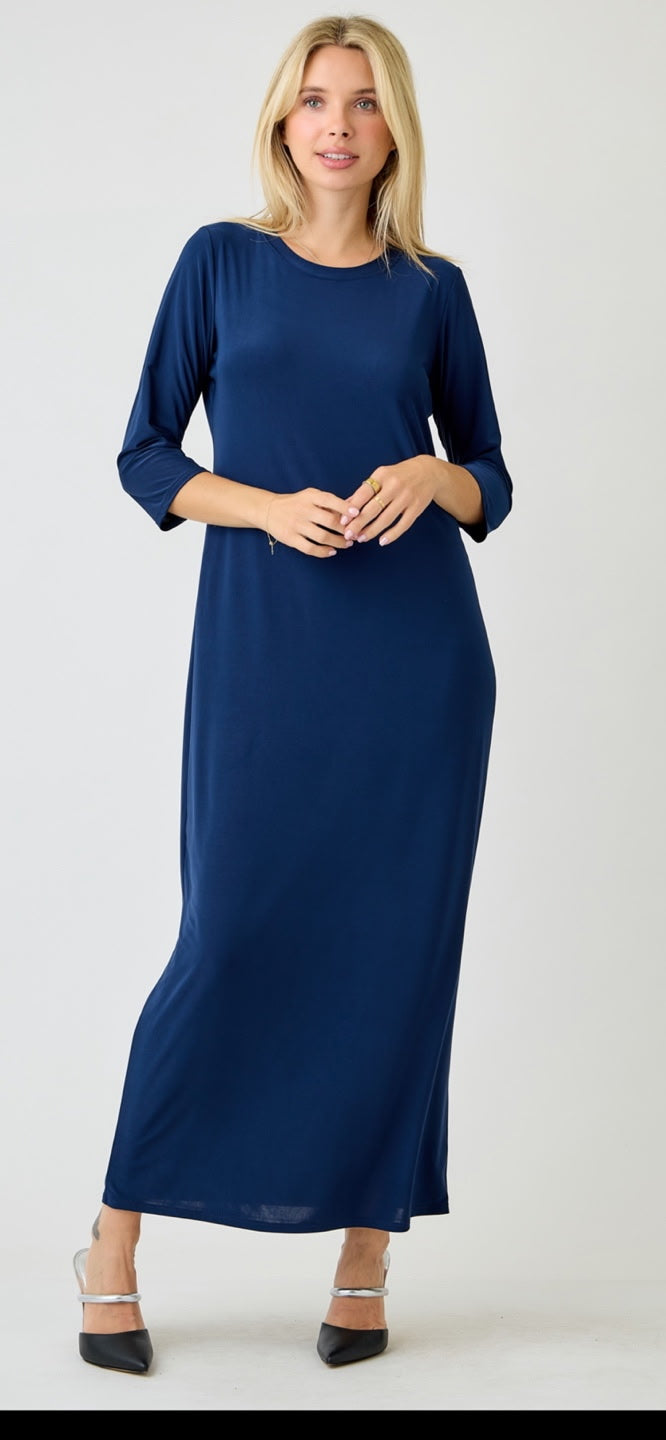 Navy ladies long sleeve layering maxi dress by Celeste Clothing, flowing fabric with a relaxed fit and elegant design.