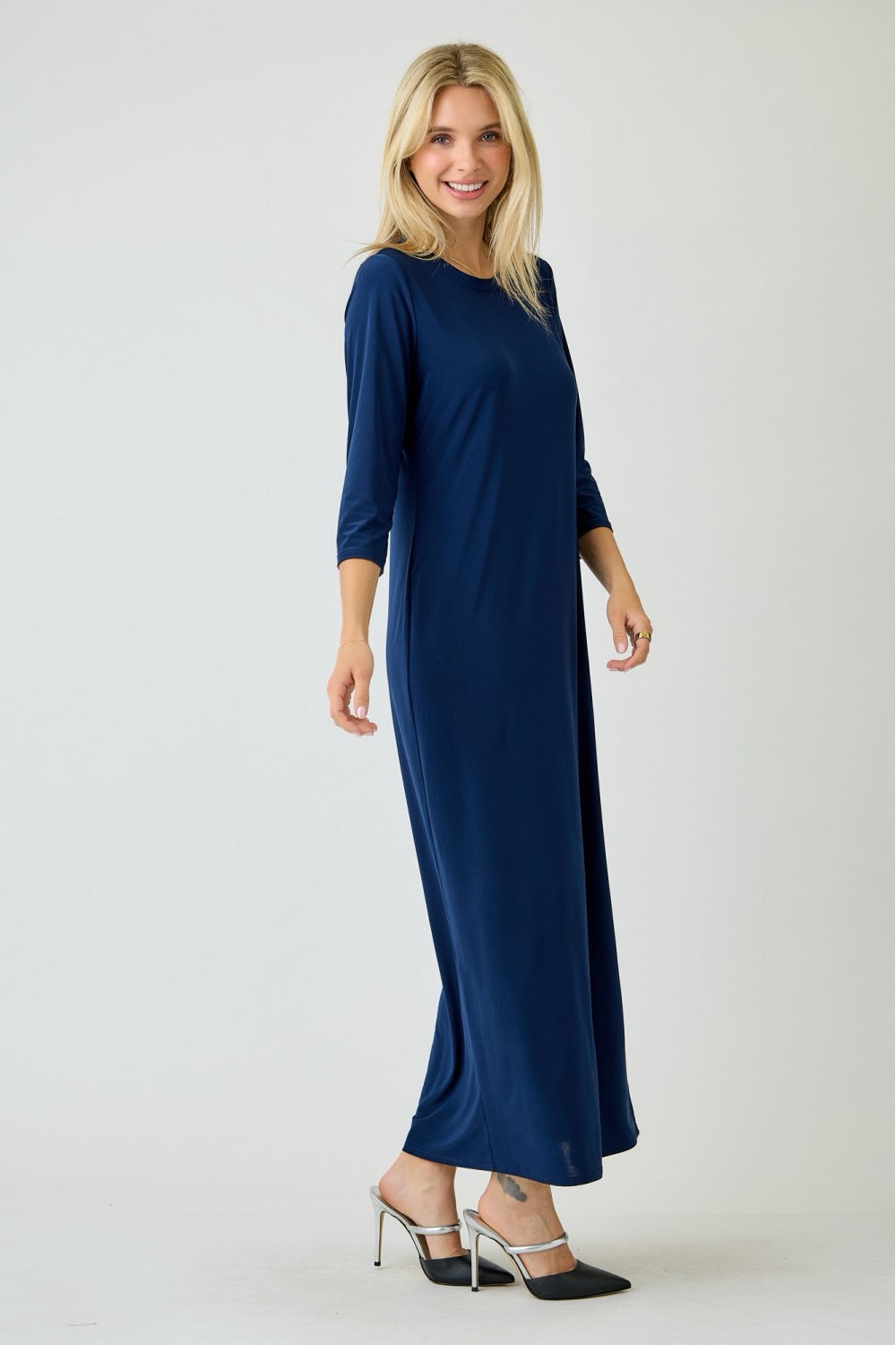 Navy ladies long sleeve layering maxi dress by Celeste Clothing, flowing fabric and elegant design for casual or formal wear.