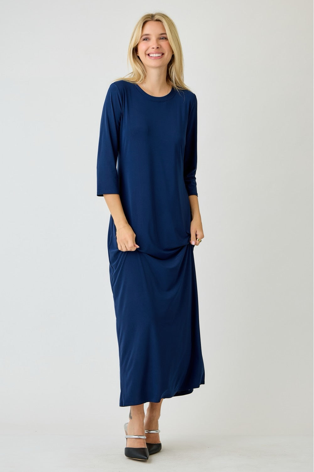 Navy ladies long sleeve layering maxi dress by Celeste Clothing, flowing maxi dress with long sleeves and elegant style.