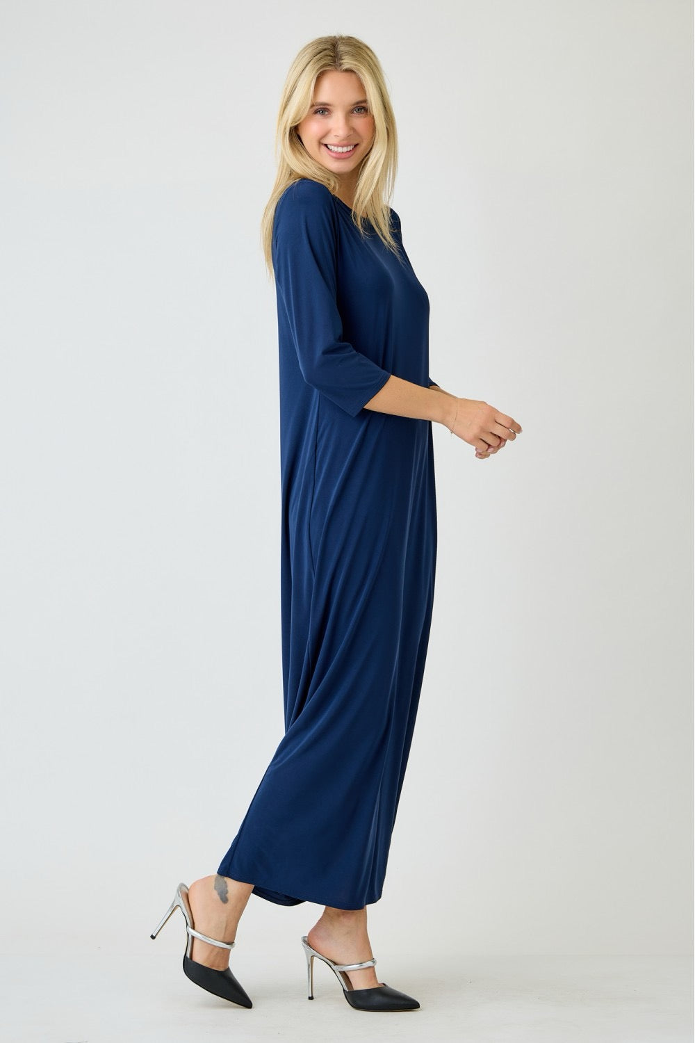 Navy ladies long sleeve layering maxi dress by Celeste Clothing, flowing and comfortable for casual or dressy occasions.