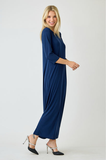 Navy ladies long sleeve layering maxi dress by Celeste Clothing, flowing fabric and elegant design for versatile styling.