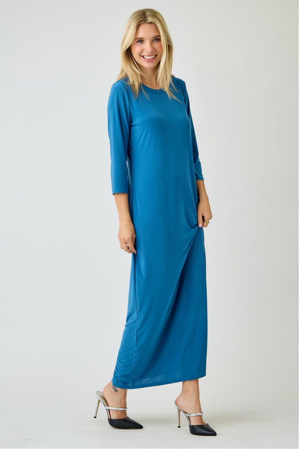 Celeste Clothing ladies long sleeve layering maxi dress in vibrant peacock blue, flowing and stylish for elegant everyday wear.