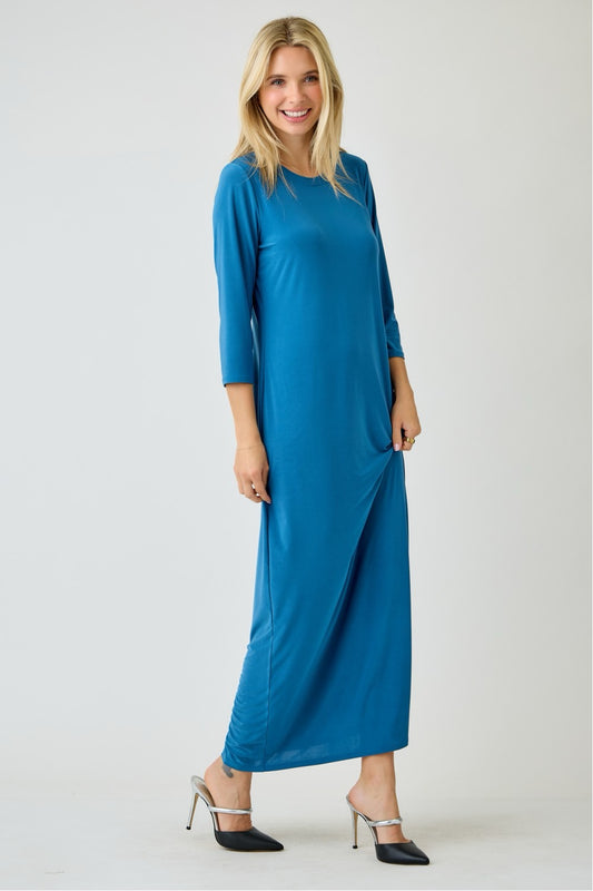 Celeste Clothing ladies long sleeve layering maxi dress in vibrant peacock blue, flowing and stylish for elegant everyday wear.