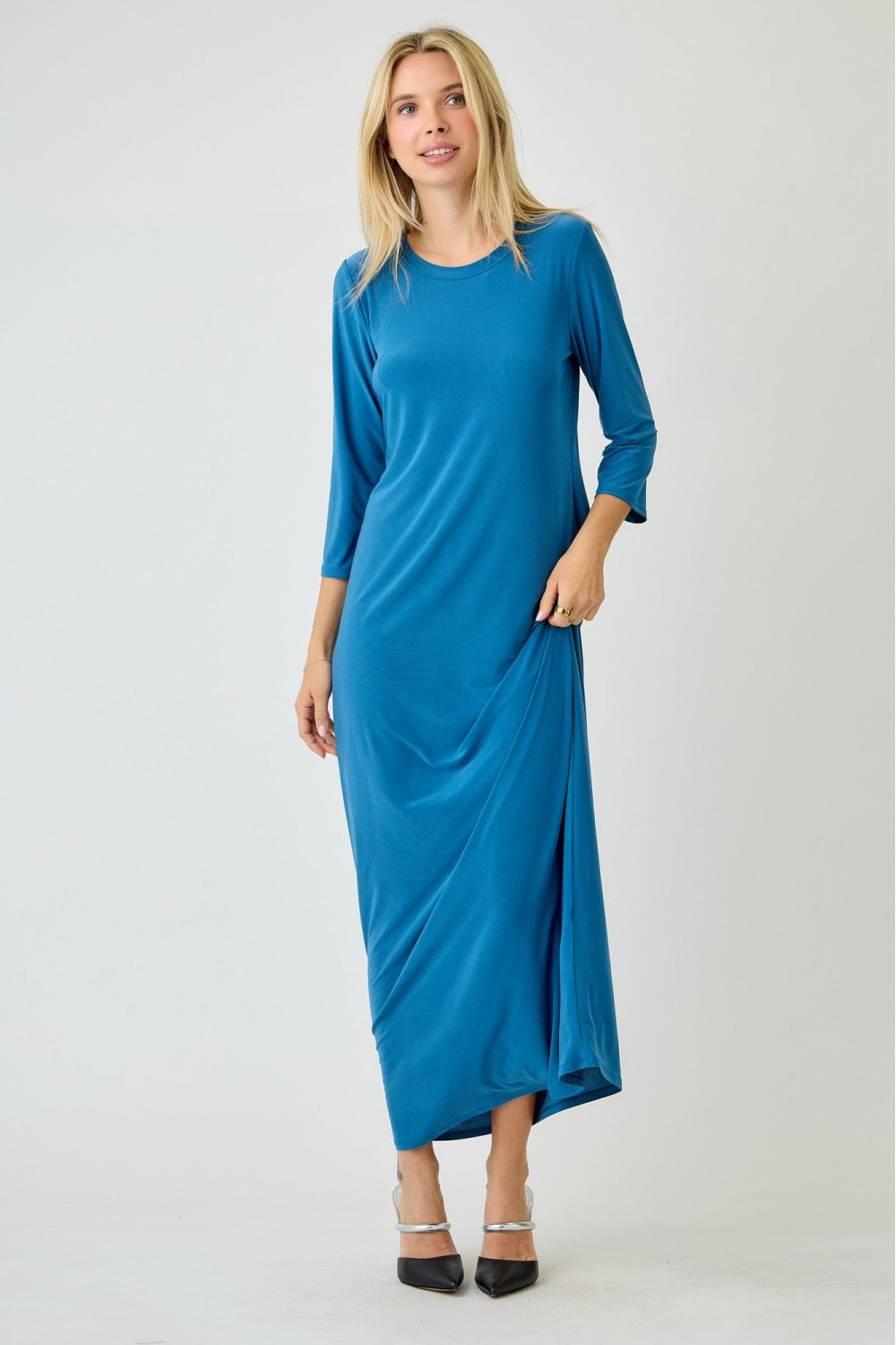 Ladies long sleeve layering maxi dress in peacock blue by Celeste Clothing, flowing and elegant for stylish occasions.