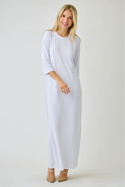 White ladies long sleeve layering maxi dress by Celeste Clothing, flowing fabric and elegant fit, perfect for casual or dressy occasions.