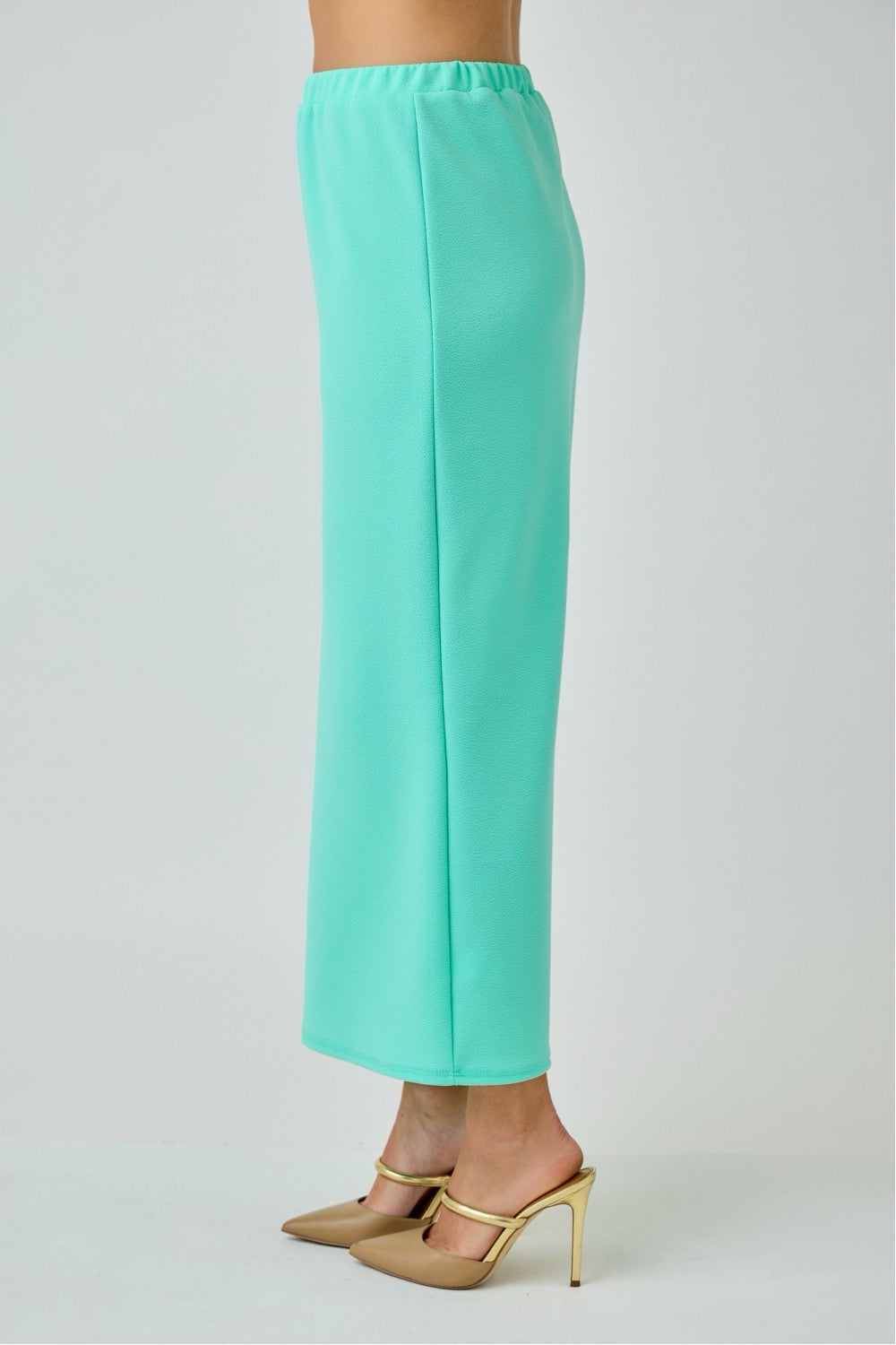 Aqua mint ladies maxi length pencil skirt by Celeste Clothing, fitted design with a sleek, elegant silhouette.