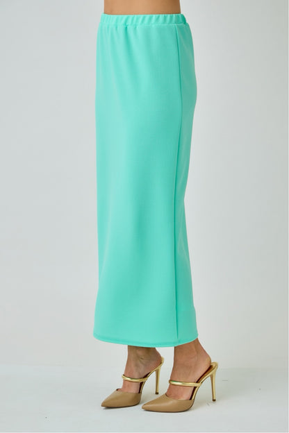 Aqua mint ladies maxi length pencil skirt by Celeste Clothing, fitted style with smooth fabric and high waist design.