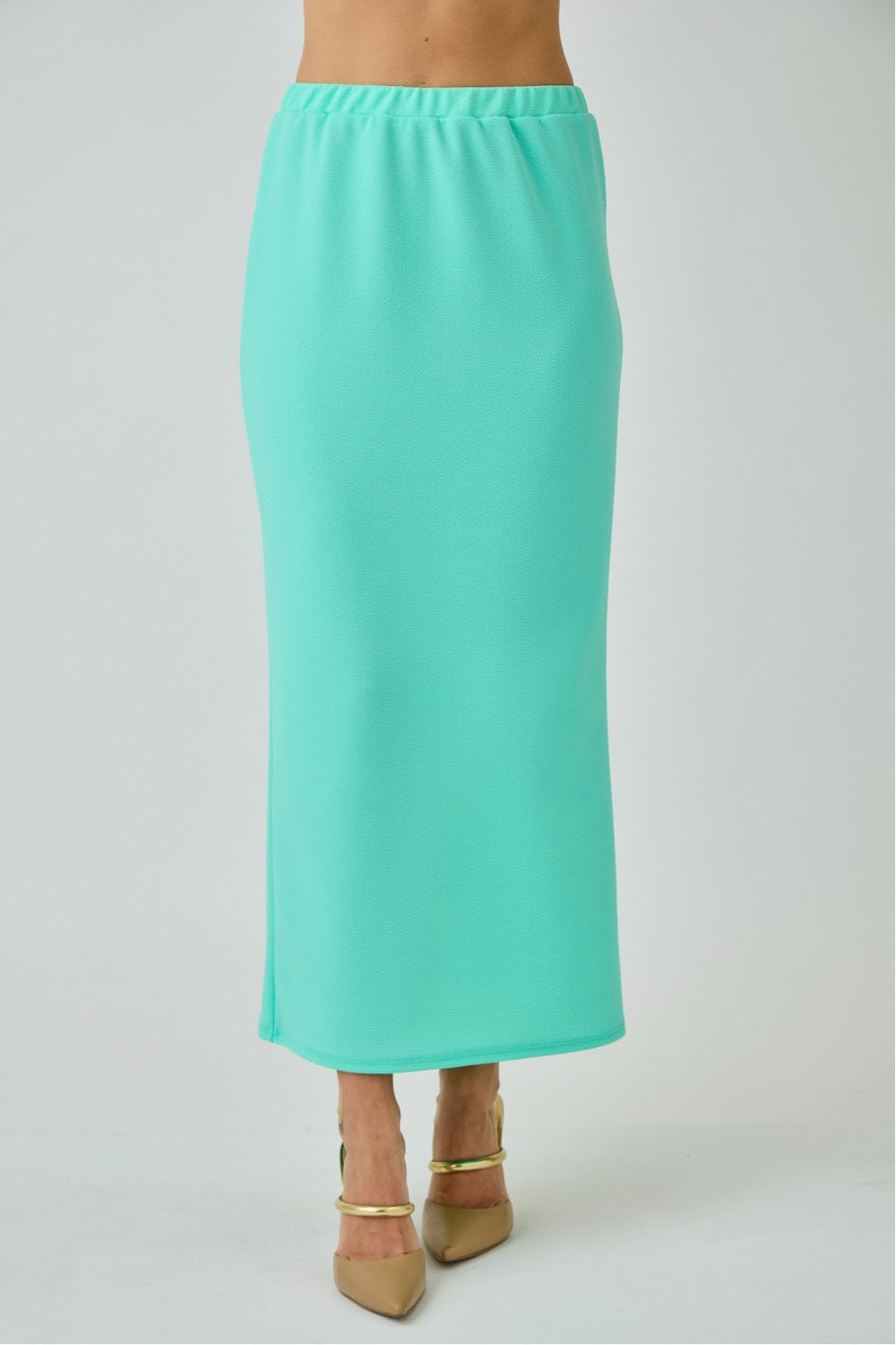 Aqua mint ladies maxi length pencil skirt by Celeste Clothing, shown flat with smooth fabric and fitted silhouette.