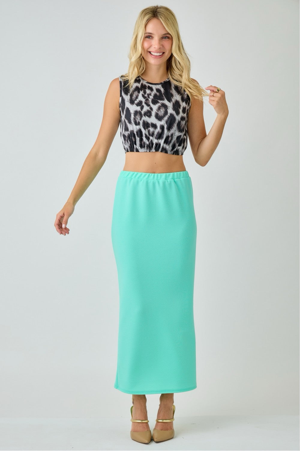 Aqua mint ladies maxi pencil skirt from Celeste Clothing, long and fitted, with a sleek design and smooth fabric.