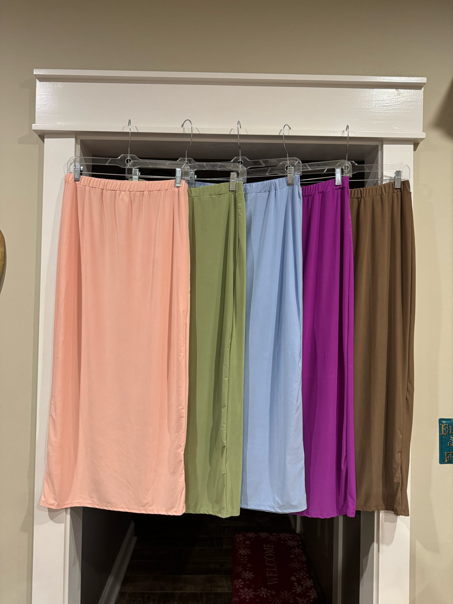 Celeste Clothing blush maxi pencil skirt, smooth, wrinkle-resistant fabric, straight fit, 36-inch length, perfect for elegant style.