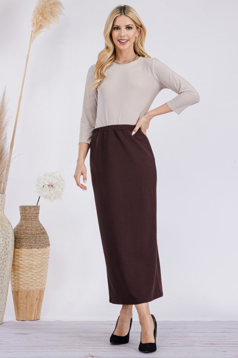 Pink ladies maxi-length pencil skirt from Celeste Clothing, stylish and fitted for a sleek, elegant look.