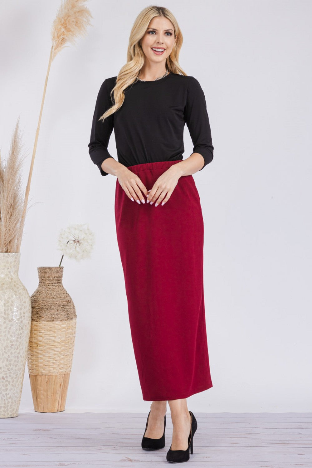 Pink ladies maxi length pencil skirt by Celeste Clothing, featuring a fitted silhouette and elegant design.