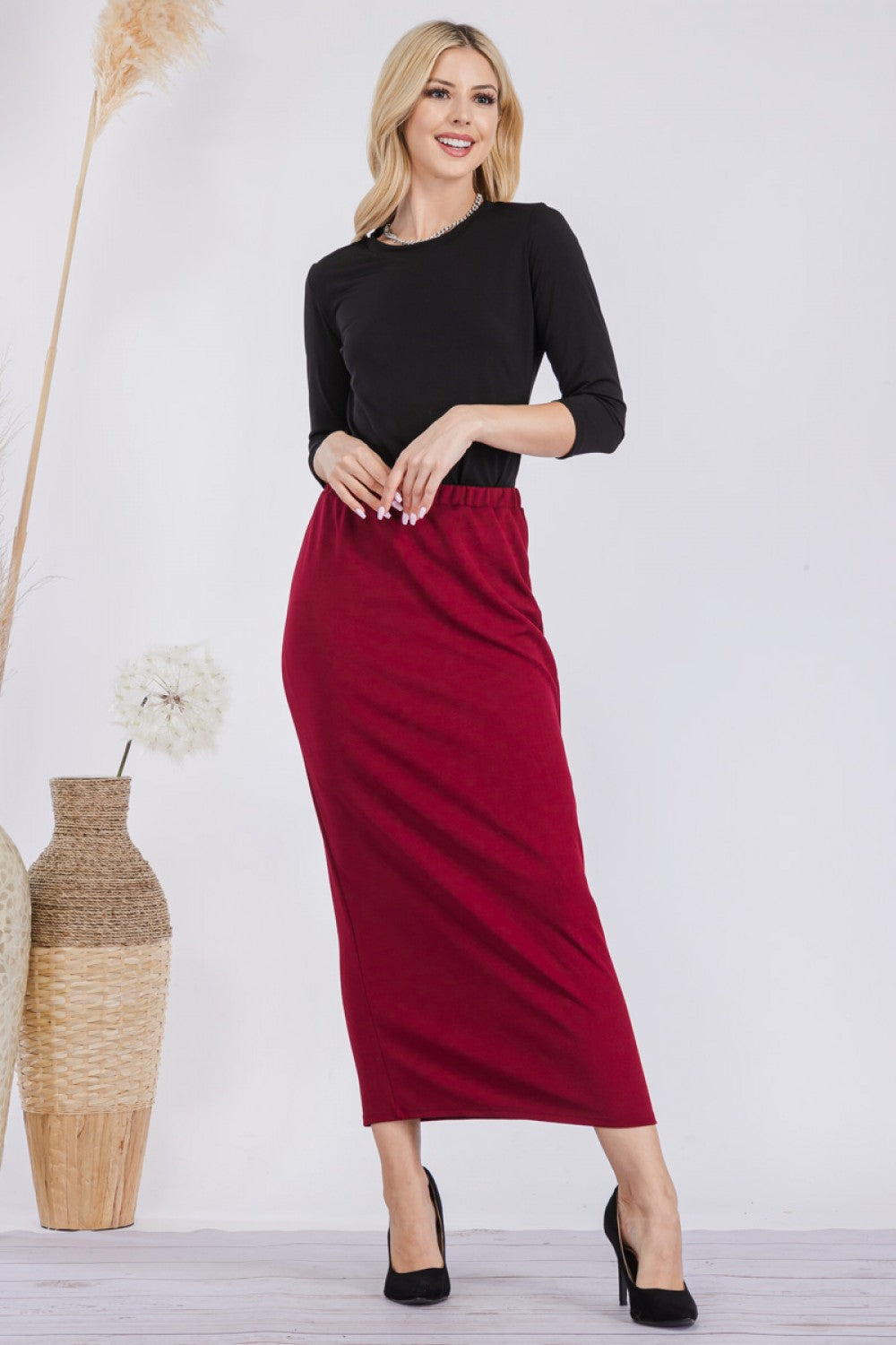 Pink ladies maxi length pencil skirt by Celeste Clothing, featuring a fitted silhouette and elegant design.