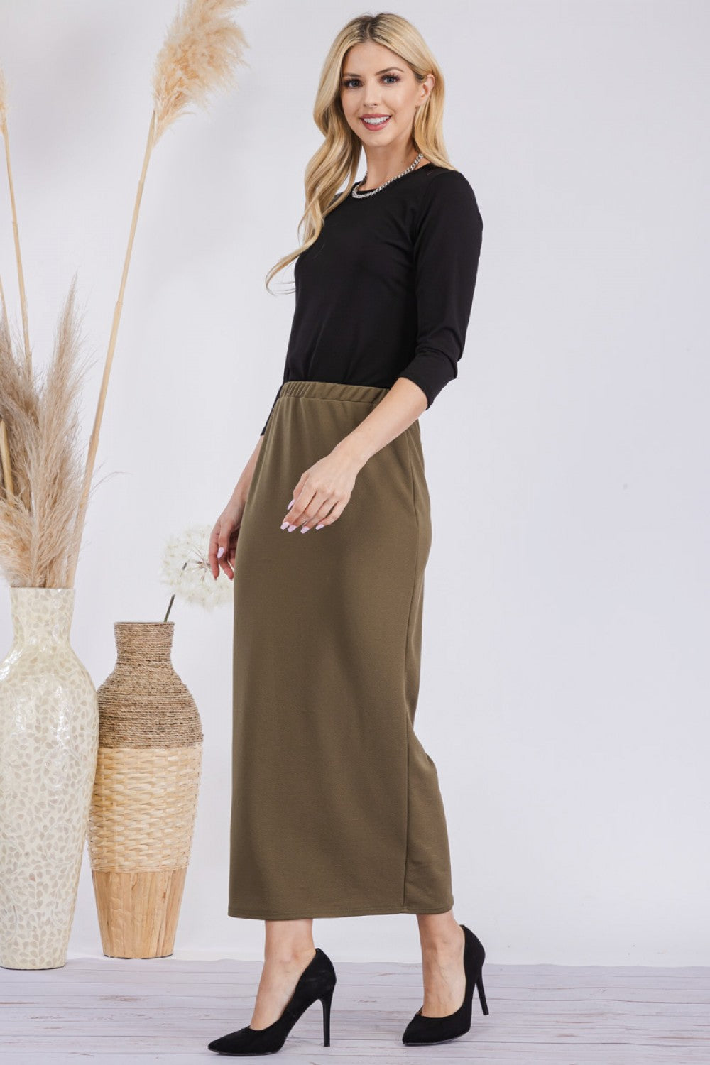 Pink ladies maxi length pencil skirt by Celeste Clothing, showcasing a fitted, elegant design ideal for casual or formal wear.