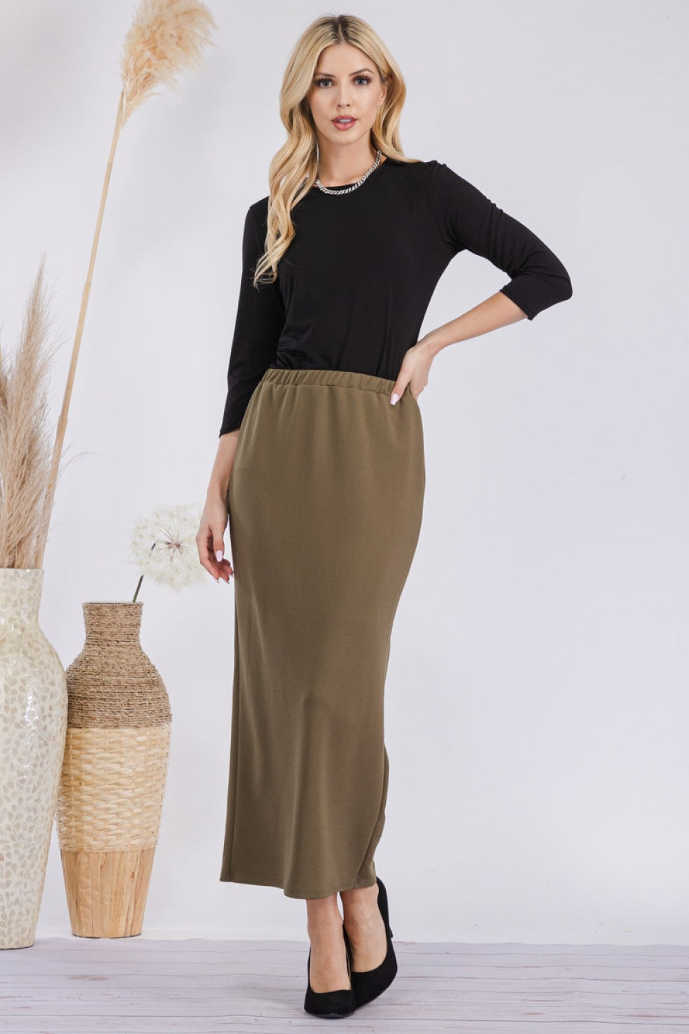 Pink ladies maxi pencil skirt by Celeste Clothing, featuring a long, fitted design perfect for elegant casual or dressy occasions.