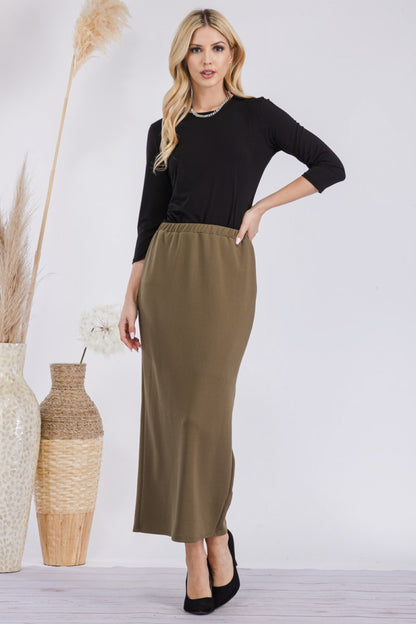 Pink ladies maxi pencil skirt by Celeste Clothing, featuring a long, fitted design perfect for elegant casual or dressy occasions.