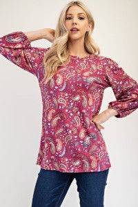Blue Paisley Bishop Sleeve Top from Celeste Clothing, a stylish blouse with flowy bishop sleeves and intricate paisley pattern.