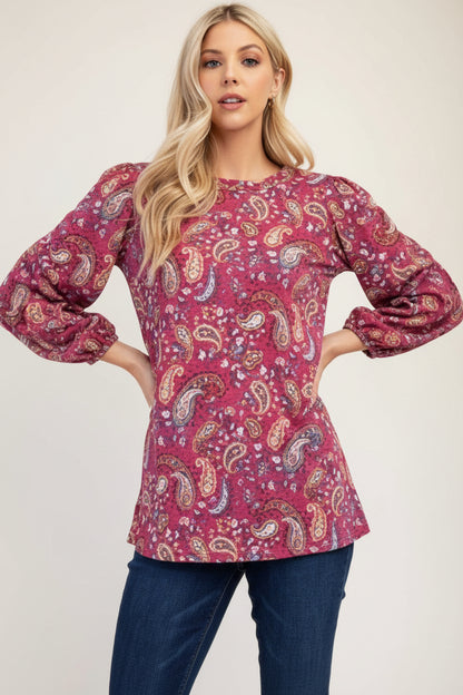 Blue Paisley Bishop Sleeve Top by Celeste Clothing, stylish shirt with flowing bishop sleeves and intricate paisley pattern.