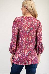 Blue paisley bishop sleeve top from Celeste Clothing, a stylish shirts and blouses option with elegant sleeve design.