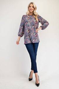 Blue Paisley Bishop Sleeve Top from Celeste Clothing, stylish blouse with flowy sleeves and paisley pattern.
