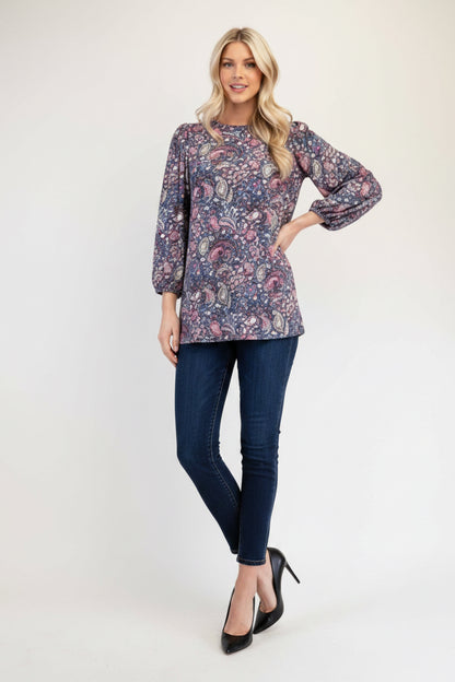 Blue paisley bishop sleeve top from Celeste Clothing, stylish shirt with flowy sleeves, perfect for casual or dressy wear.