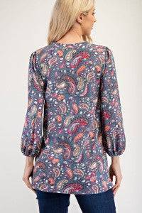 Blue paisley bishop sleeve top from Celeste Clothing, stylish shirt with flowy sleeves, perfect for casual or dressy occasions.