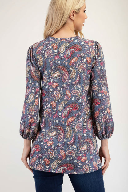 Blue Paisley Bishop Sleeve Top from Celeste Clothing, stylish blouse with flowy bishop sleeves and intricate paisley pattern.