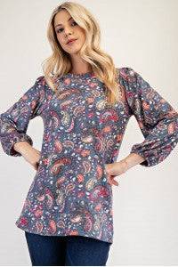 Blue paisley bishop sleeve top from Celeste Clothing, stylish blouse with flowy sleeves and intricate pattern.