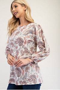 Blue paisley bishop sleeve top from Celeste Clothing, stylish shirts and blouses with flowing bishop sleeves and intricate pattern.