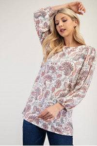 Blue Paisley Bishop Sleeve Top from Celeste Clothing, a stylish blouse with flowing bishop sleeves and intricate paisley pattern.