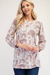 Blue Paisley Bishop Sleeve Top from Celeste Clothing, a stylish blouse with flowing bishop sleeves and intricate paisley pattern.