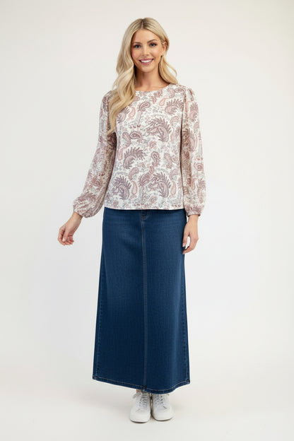 Blue Paisley Bishop Sleeve Top from Celeste Clothing, stylish blouse with flowy bishop sleeves and vibrant paisley pattern.