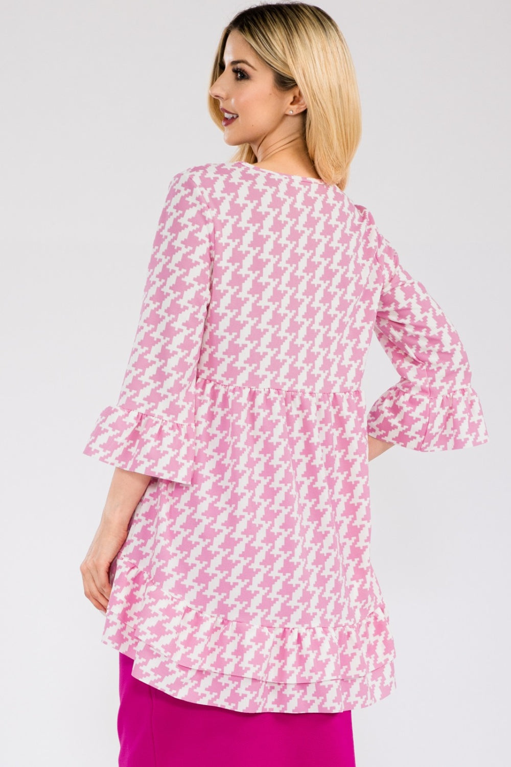 Black Celeste Houndstooth flounce sleeve high-low blouse with ruffle hem from Celeste Clothing, stylish and flowy shirt for women.