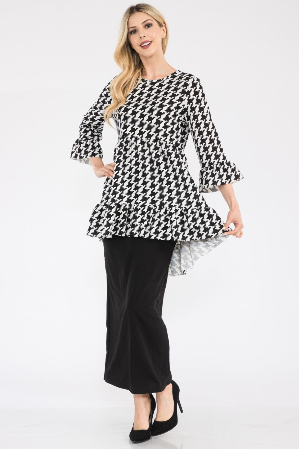 Celeste Clothing black houndstooth high-low blouse with flounce sleeves and ruffle hem, stylish shirts and blouses for women.