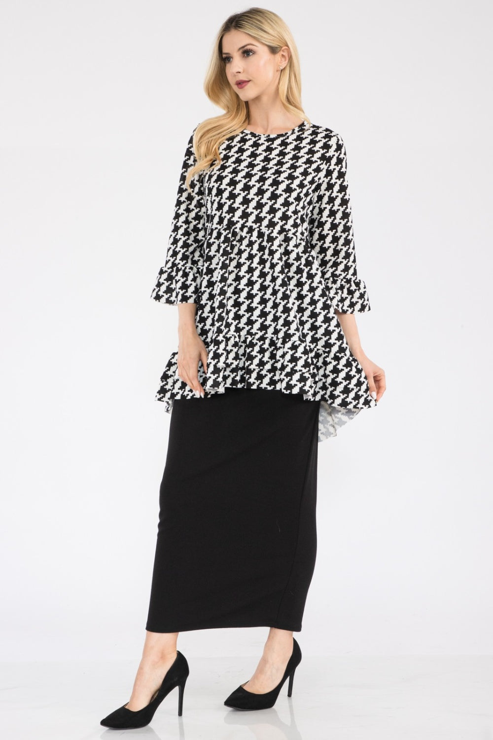 Celeste Clothing black houndstooth high-low blouse with flounce sleeves and ruffle hem, stylish shirt and blouse for women.