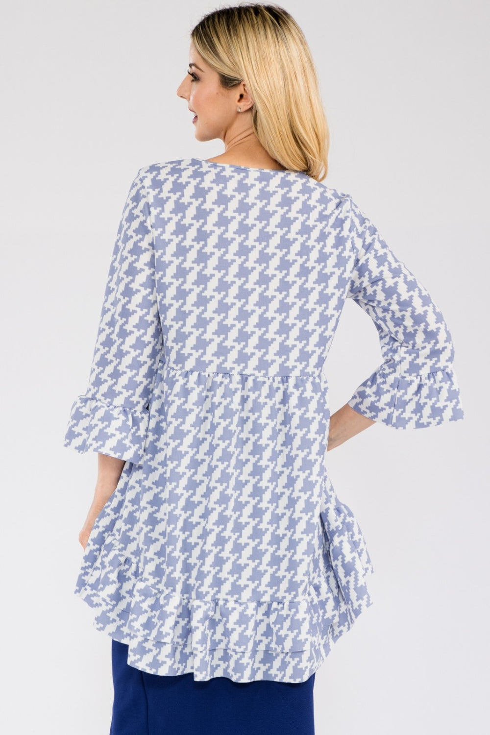 Black Celeste Houndstooth flounce sleeve high-low blouse with ruffle hem, stylish shirt from Celeste Clothing.