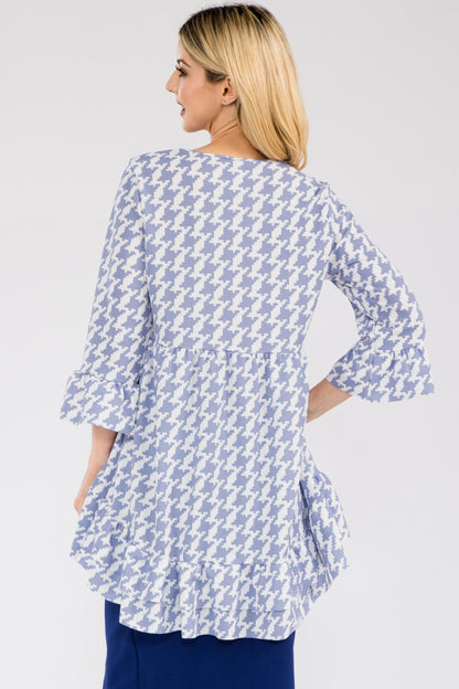 Black Celeste Houndstooth flounce sleeve high-low blouse with ruffle hem, stylish shirt from Celeste Clothing.