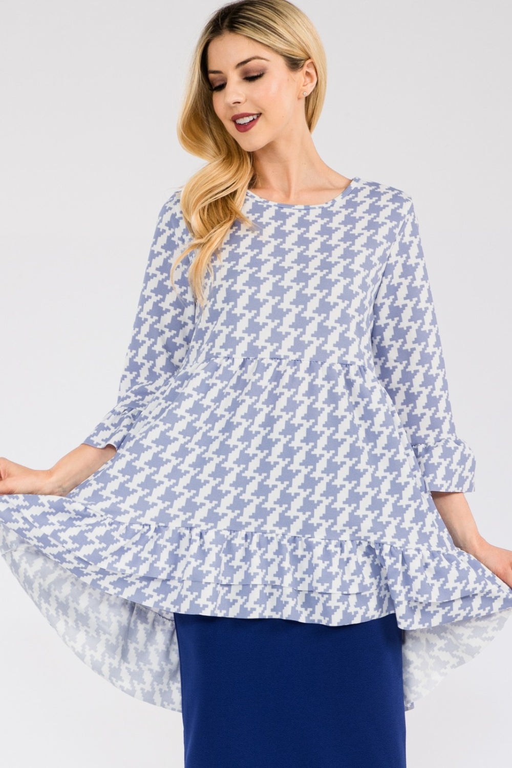 Celeste Clothing black houndstooth flounce sleeve high-low blouse with ruffle hem, long sleeves, stylish women’s shirt.