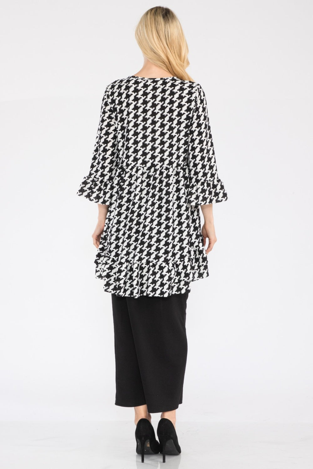 Black Celeste Houndstooth flounce sleeve high-low blouse with ruffle hem, stylish shirts and blouses from Celeste Clothing.